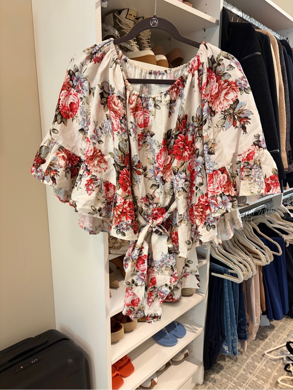 LPA Cream Floral Tie-Front Romper with Red Rose Print